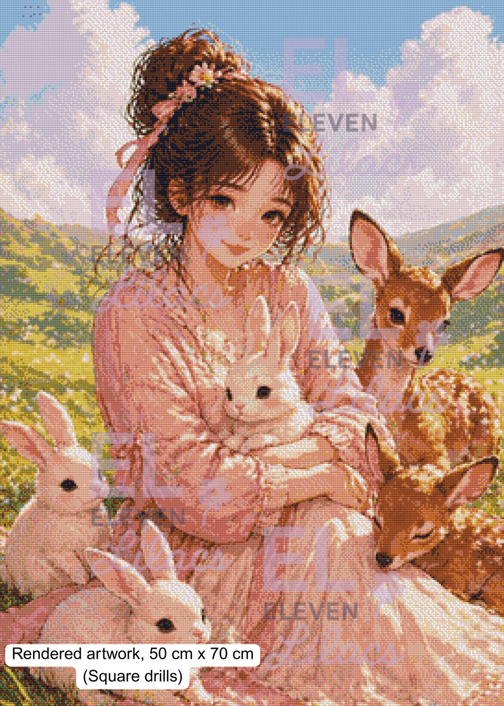 Elara Meadow Bunny Girl Diamond Painting Kit, Cozy Nature Animal Art, Soft Fantasy Art