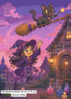 Flying Trouble, Cat and Witch Diamond Painting, Fantasy Moonlight Diamond Art