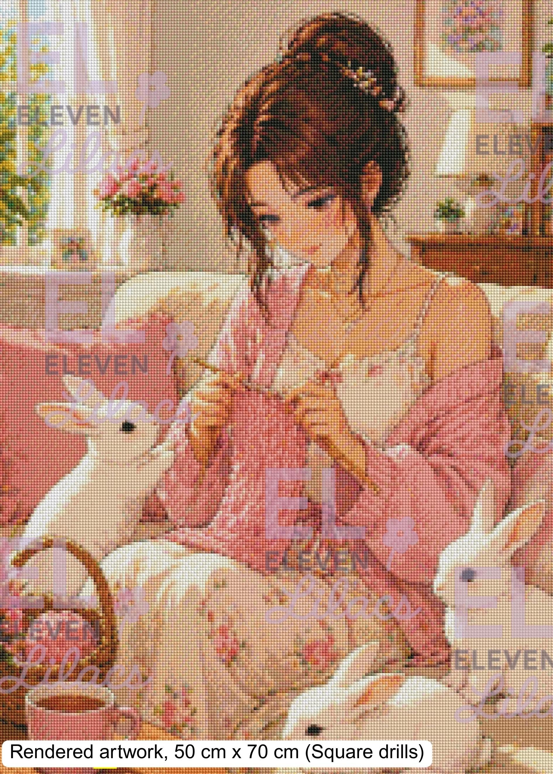 Cozy Knitting Day Diamond Painting Kit, Elara and Bunnies Art