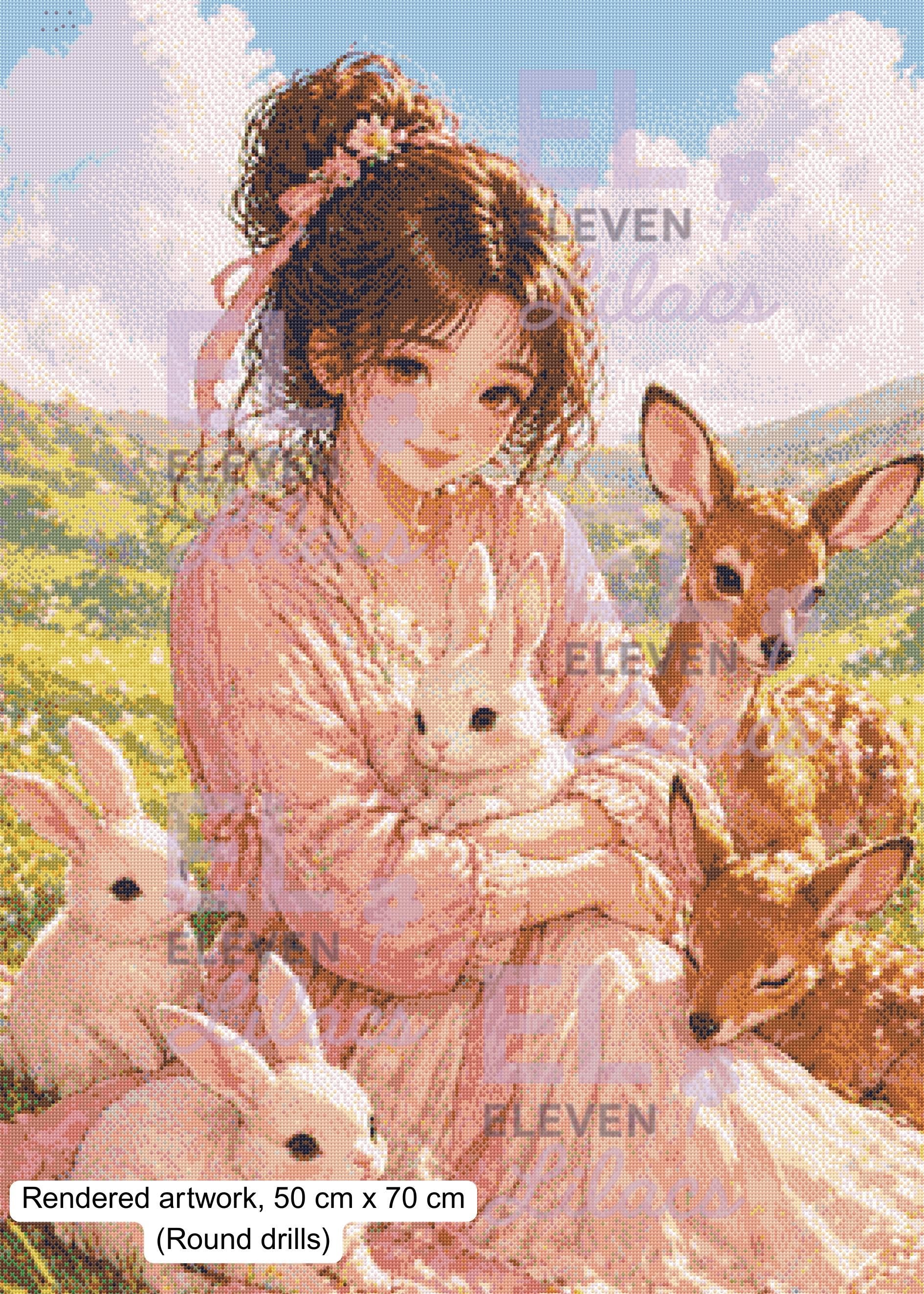 Elara Meadow Bunny Girl Diamond Painting Kit, Cozy Nature Animal Art, Soft Fantasy Art