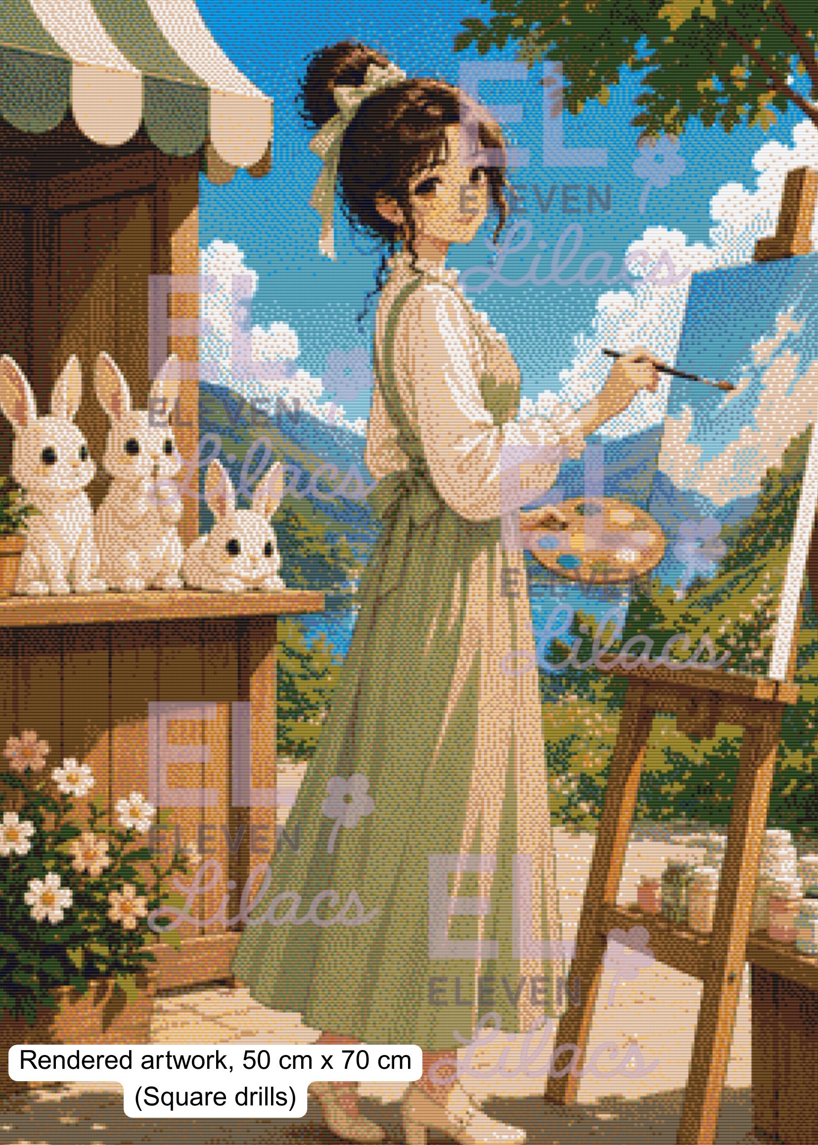 Elara Meadow Painter Diamond Painting Kit, Cottagecore, Bunnies, Nature Diamond Art
