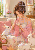 Cozy Knitting Day Diamond Painting Kit, Elara and Bunnies Art