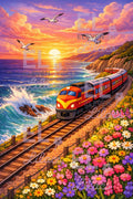 Sunset Coastal Train Diamond Painting Kit, Seaside Railway Landscape Art, Flowers and Beach Waves