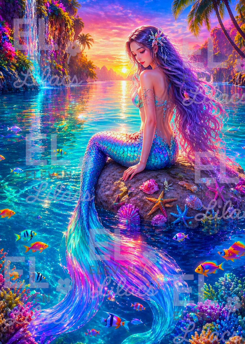 Starlit Tides Mermaid Diamond Painting Kit, Ocean Sunset Diamond Art - Eleven Lilacs
