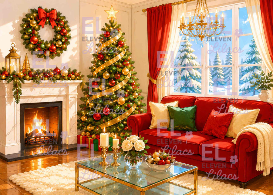 A Cozy Christmas Vibe Diamond Painting Kit, Warm Holiday Living Room Diamond Art - Eleven Lilacs