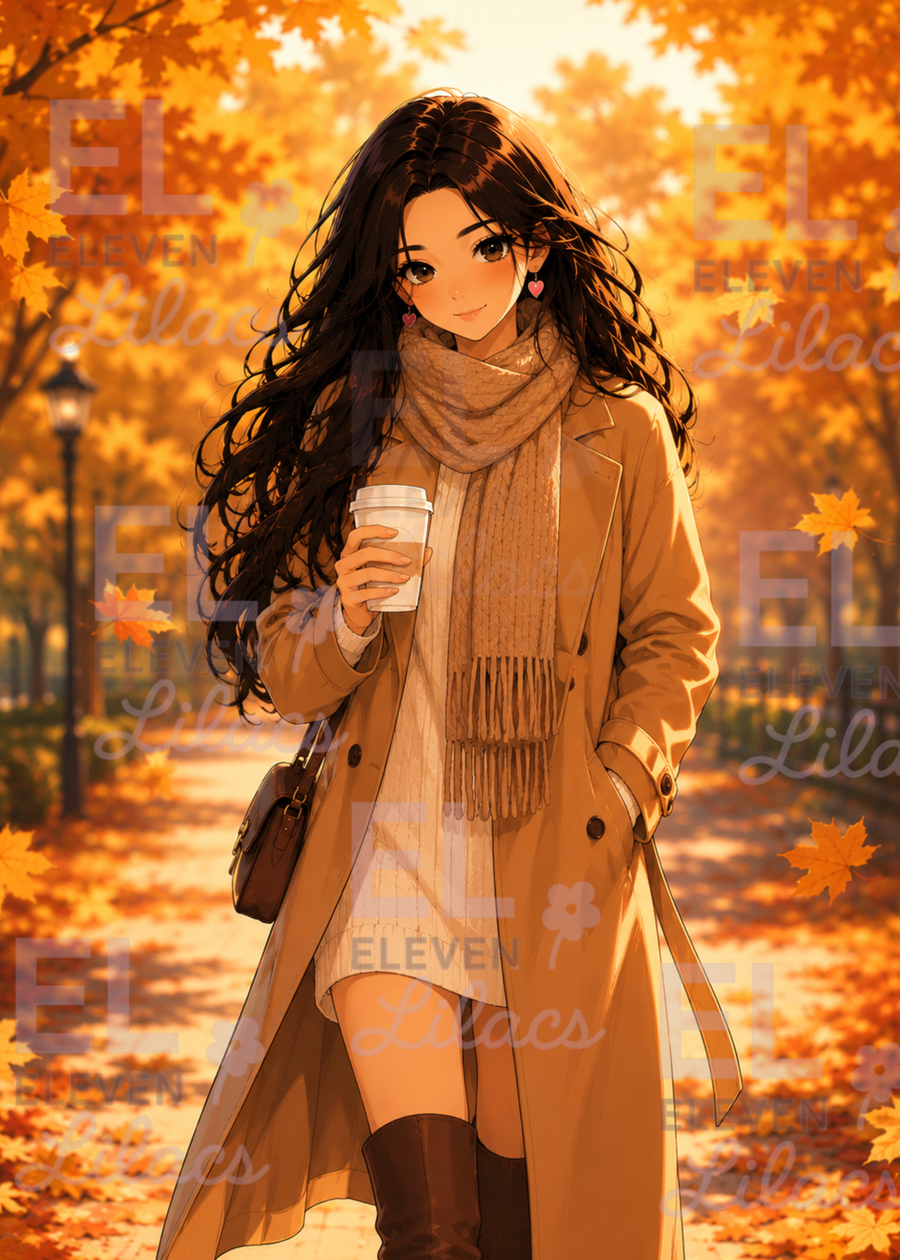 Sydney's Autumn Stroll Diamond Painting Kit | Cozy Fall Girl with Coffee Diamond Art - Eleven Lilacs
