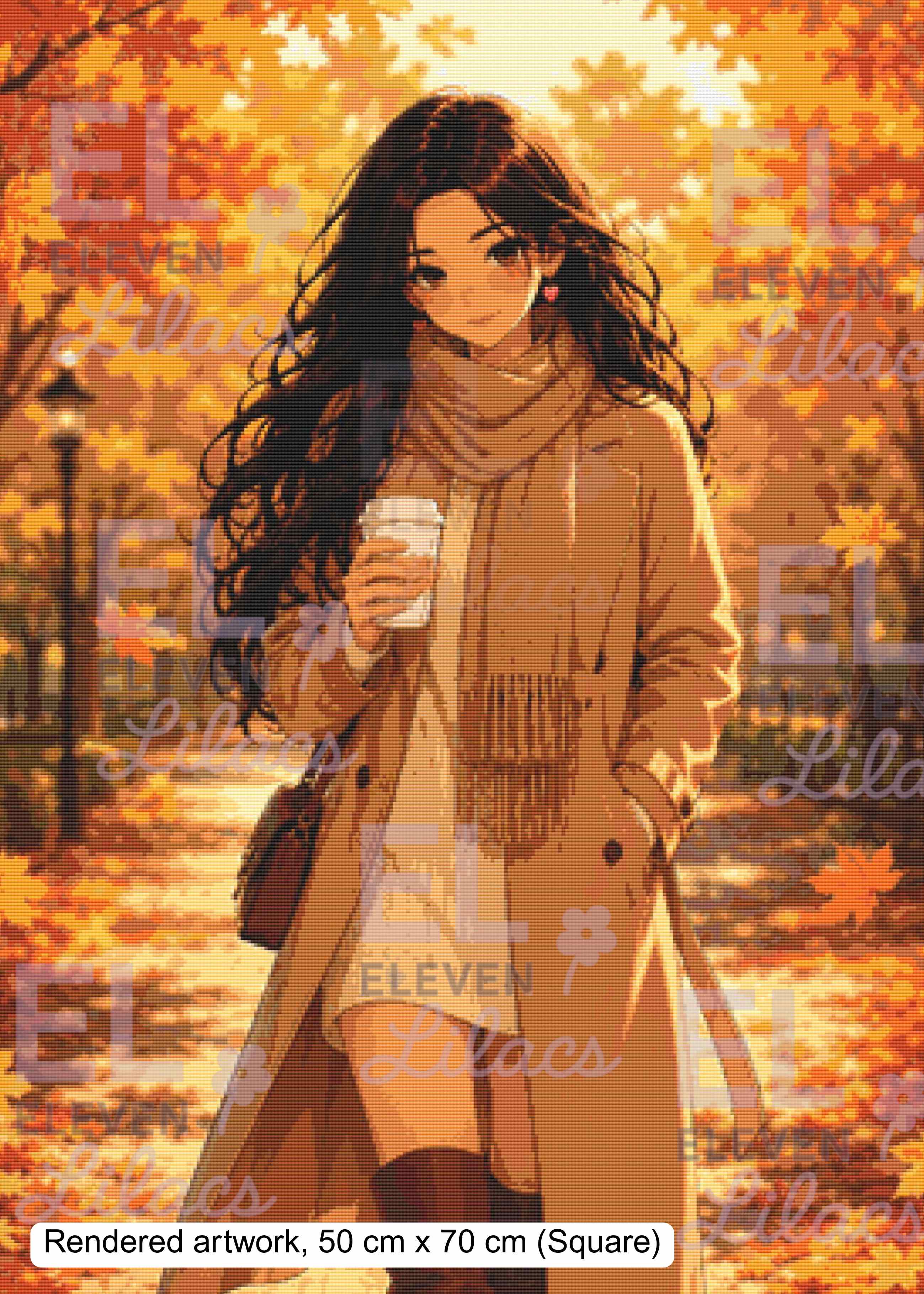 Sydney's Autumn Stroll Diamond Painting Kit | Cozy Fall Girl with Coffee Diamond Art - Eleven Lilacs