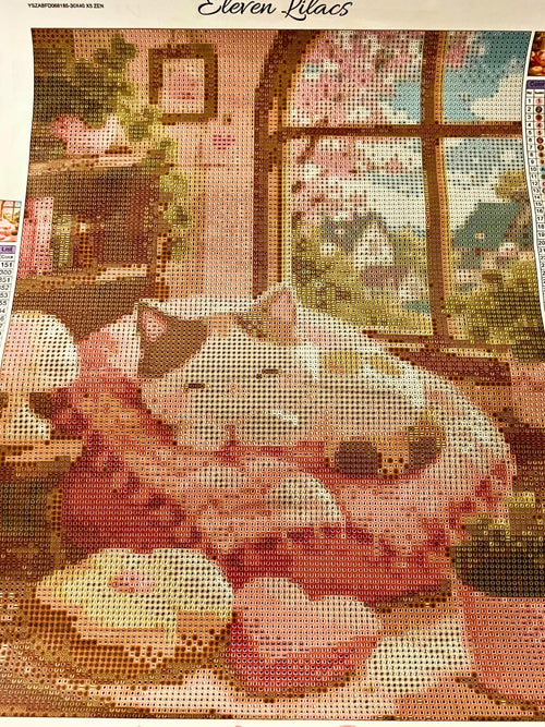 Adorable Sleepy Cat Diamond Painting, Pastel Cottagecore Art, Round Drills (30x40cm) - Eleven Lilacs