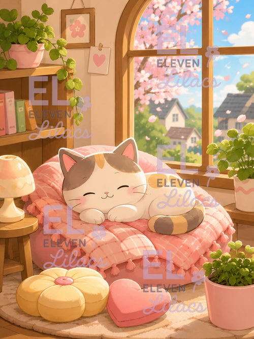Adorable Sleepy Cat Diamond Painting, Pastel Cottagecore Art, Round Drills (30x40cm) - Eleven Lilacs
