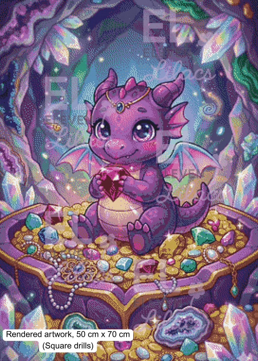 Baby Dragon Treasure Diamond Painting Kit, Kawaii Fantasy Dragon Art - Eleven Lilacs