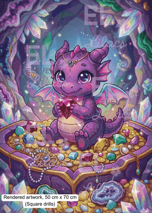 Baby Dragon Treasure Diamond Painting Kit, Kawaii Fantasy Dragon Art - Eleven Lilacs