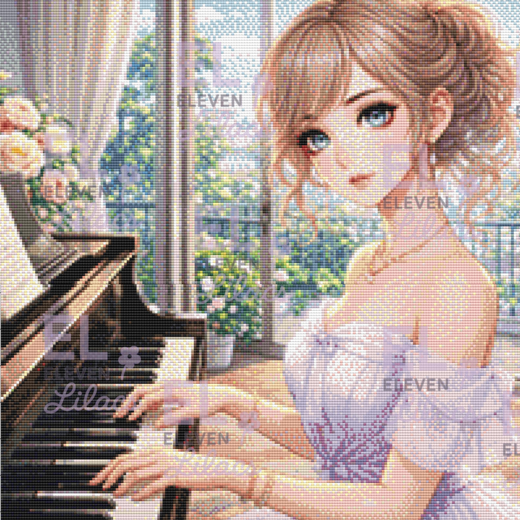 Melody of Grace Diamond Painting Kit, Elegant Girl Piano Art, Romantic Music Room DIY