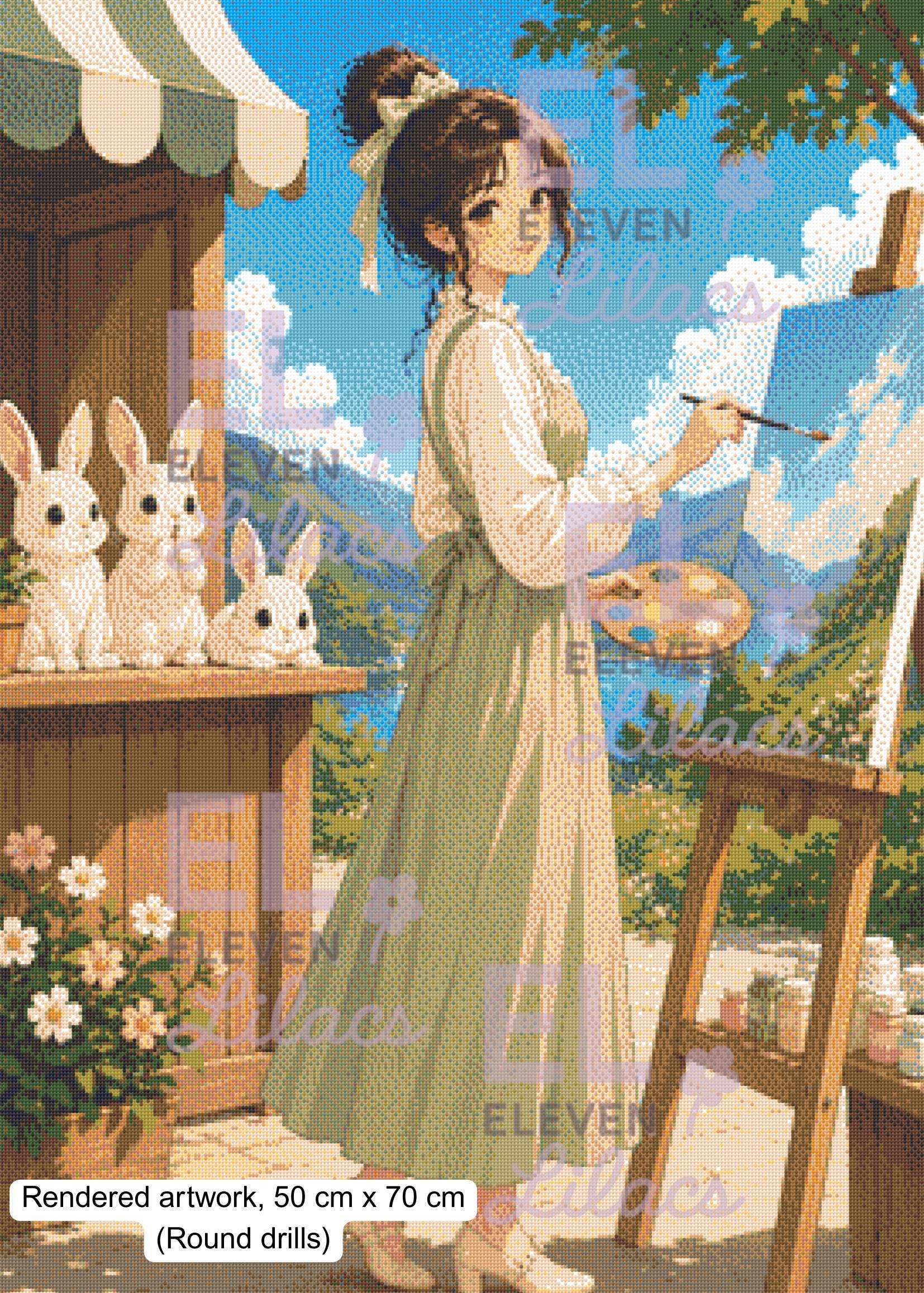 Elara Meadow Painter Diamond Painting Kit, Cottagecore, Bunnies, Nature Diamond Art