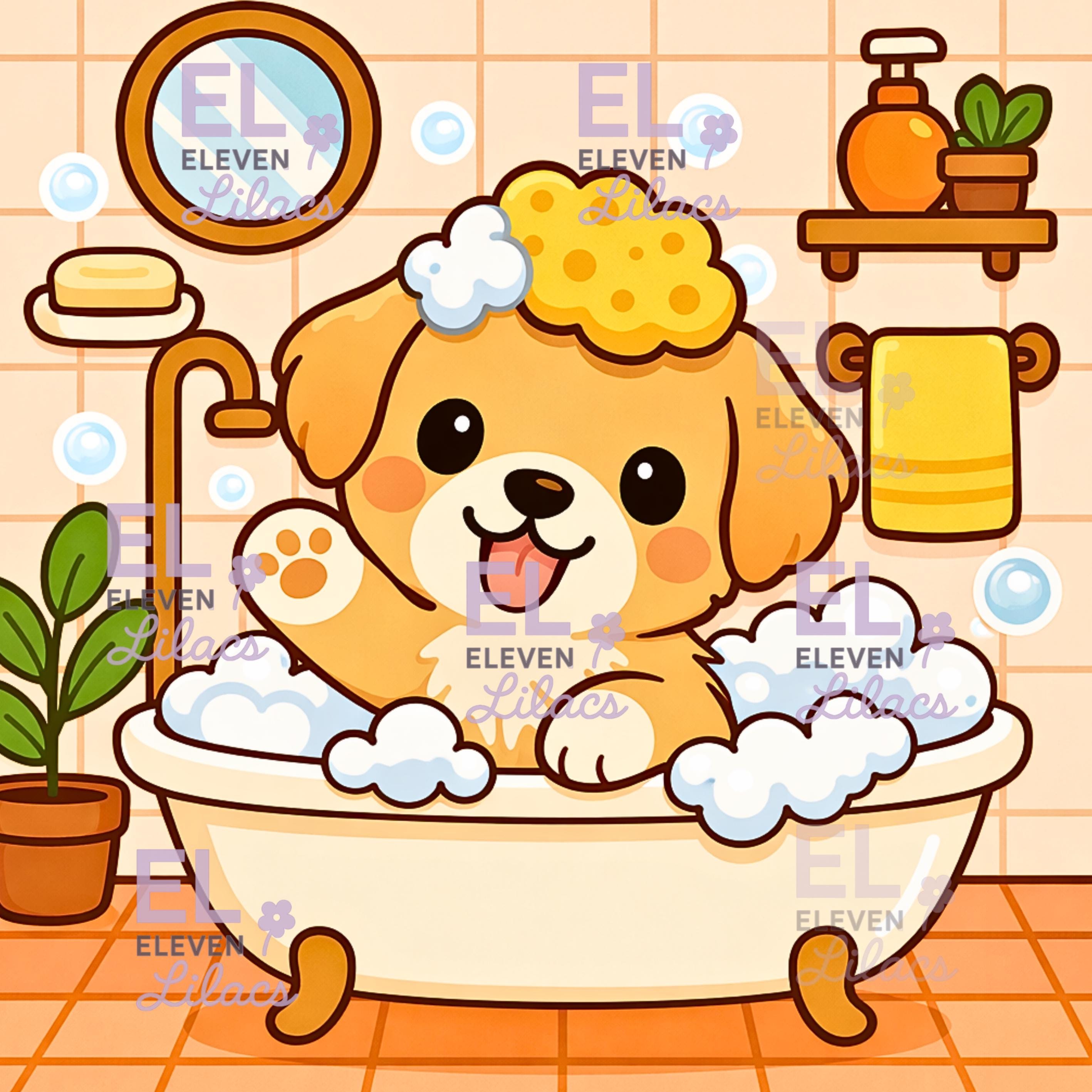 Bubble Bath Dog Diamond Painting Kit, Kawaii Diamond Art - Eleven Lilacs