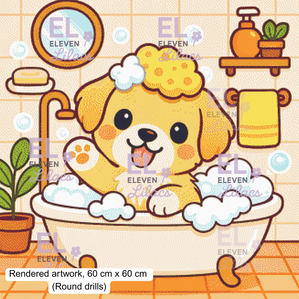 Bubble Bath Dog Diamond Painting Kit, Kawaii Diamond Art - Eleven Lilacs