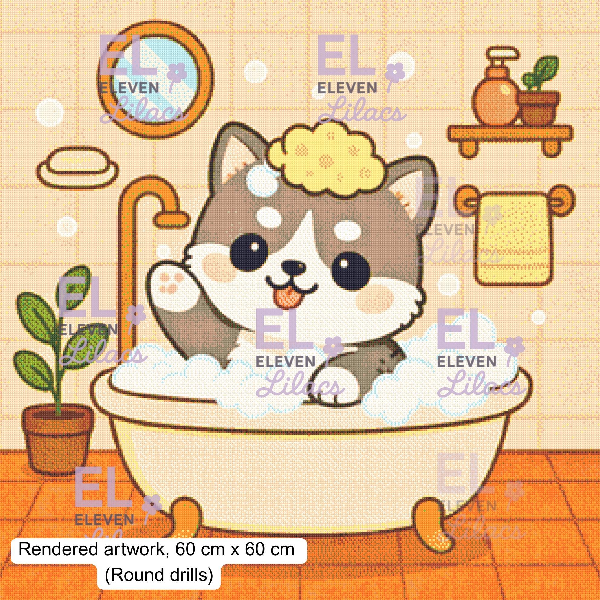 Bubble Bath Husky Diamond Painting Kit, Kawaii Diamond Art - Eleven Lilacs