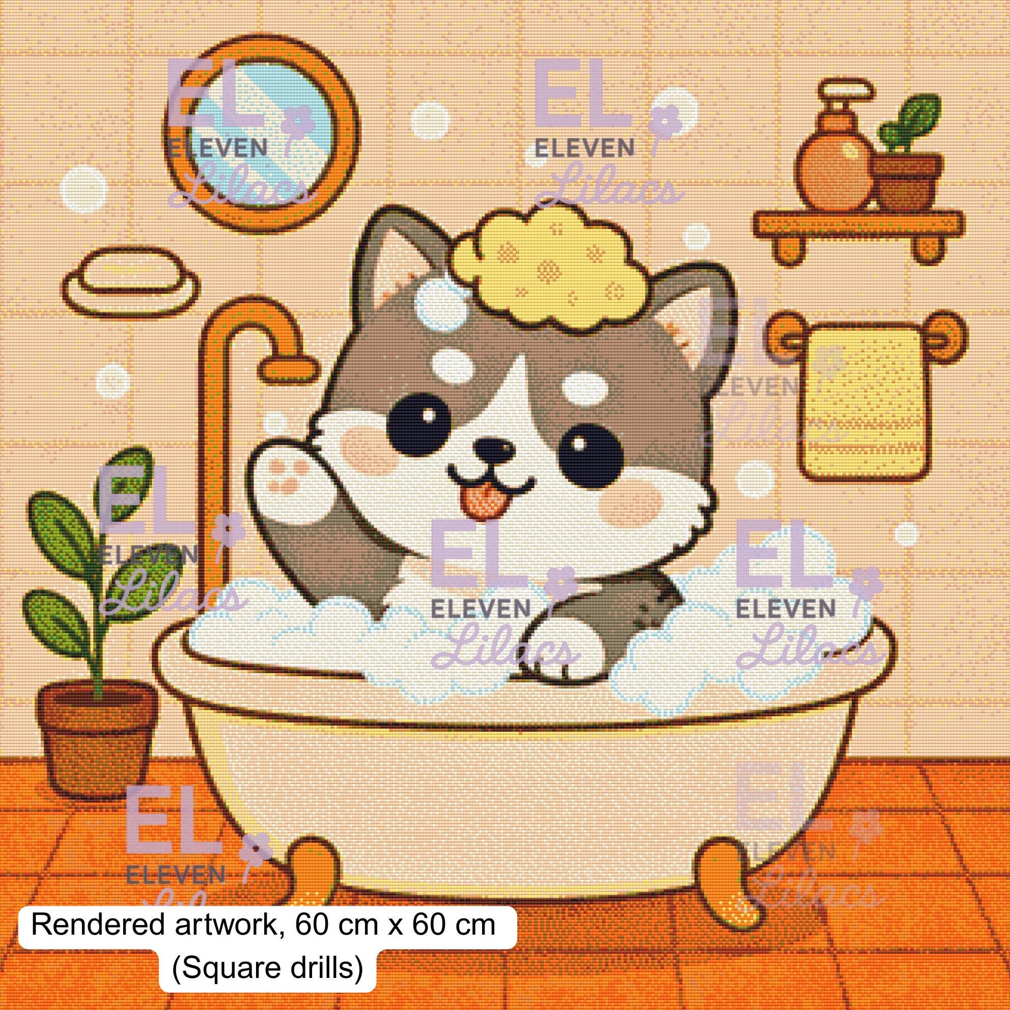 Bubble Bath Husky Diamond Painting Kit, Kawaii Diamond Art - Eleven Lilacs