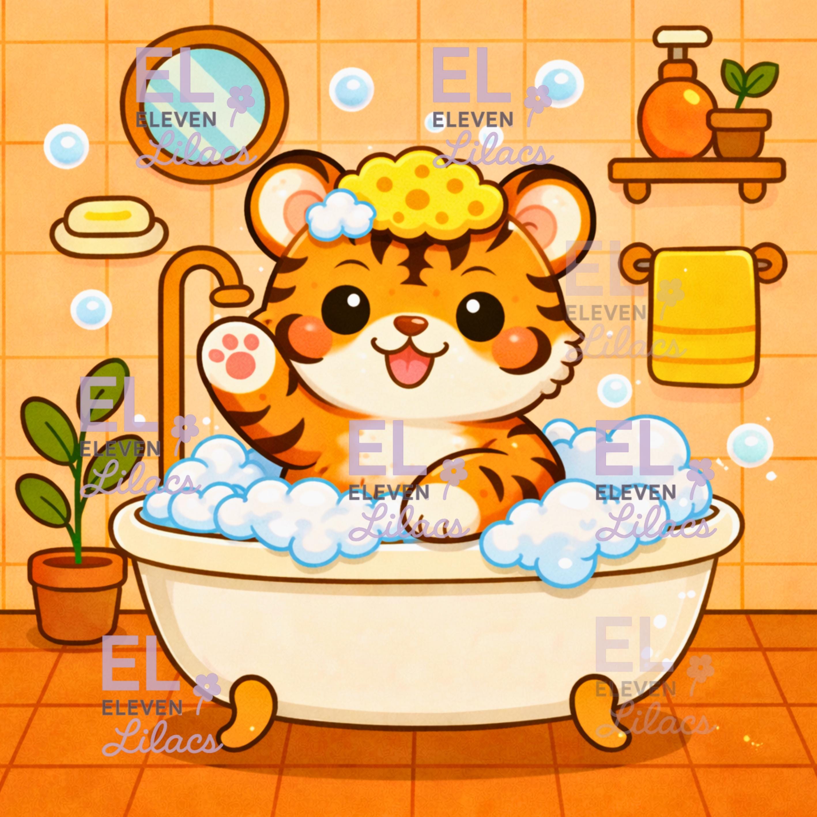Bubble Bath Tiger Diamond Painting Kit, Kawaii Animal - Eleven Lilacs