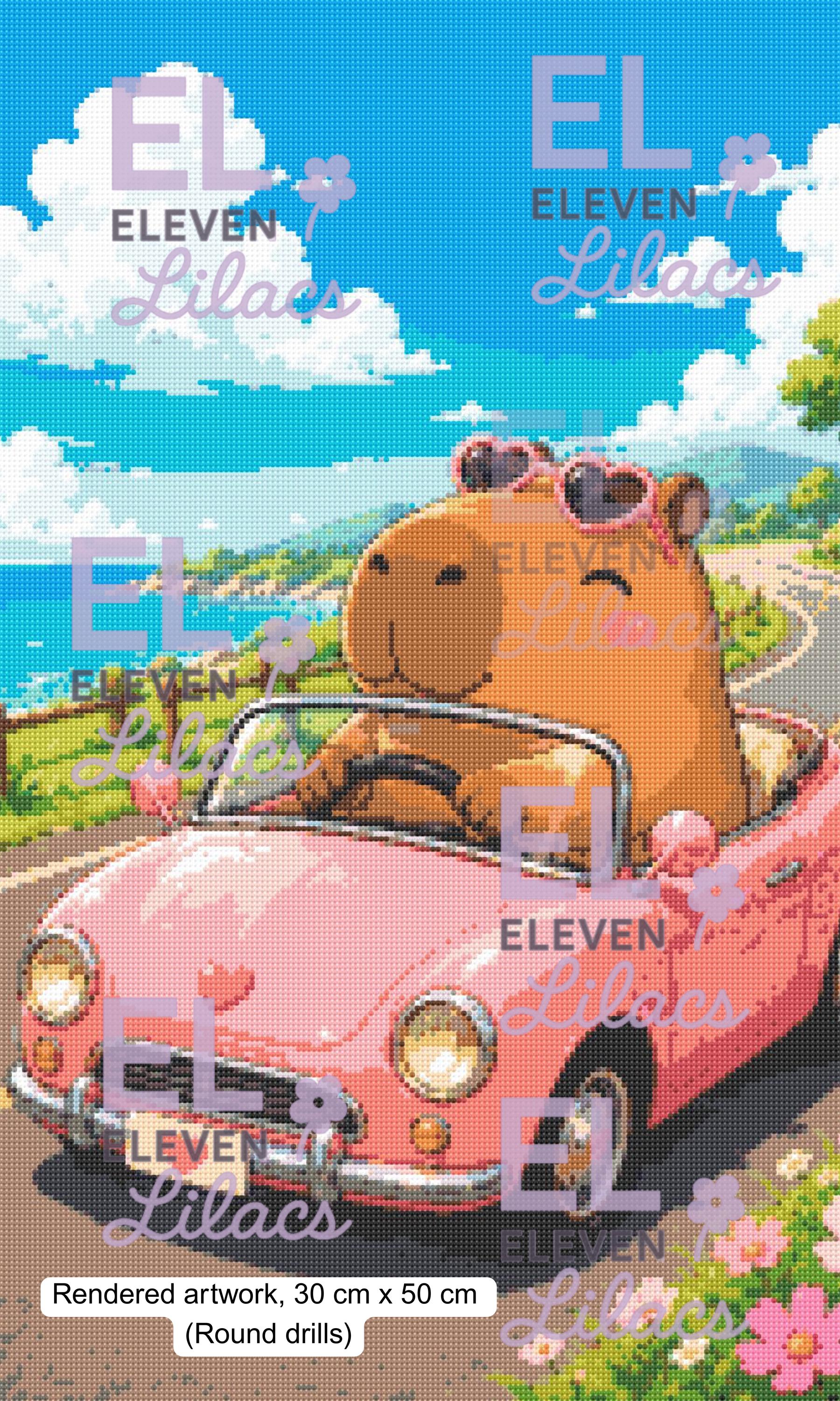 Capybara Road Trip Diamond Painting Kit, Coastal Cruising Art (30cm x 50cm) - Eleven Lilacs