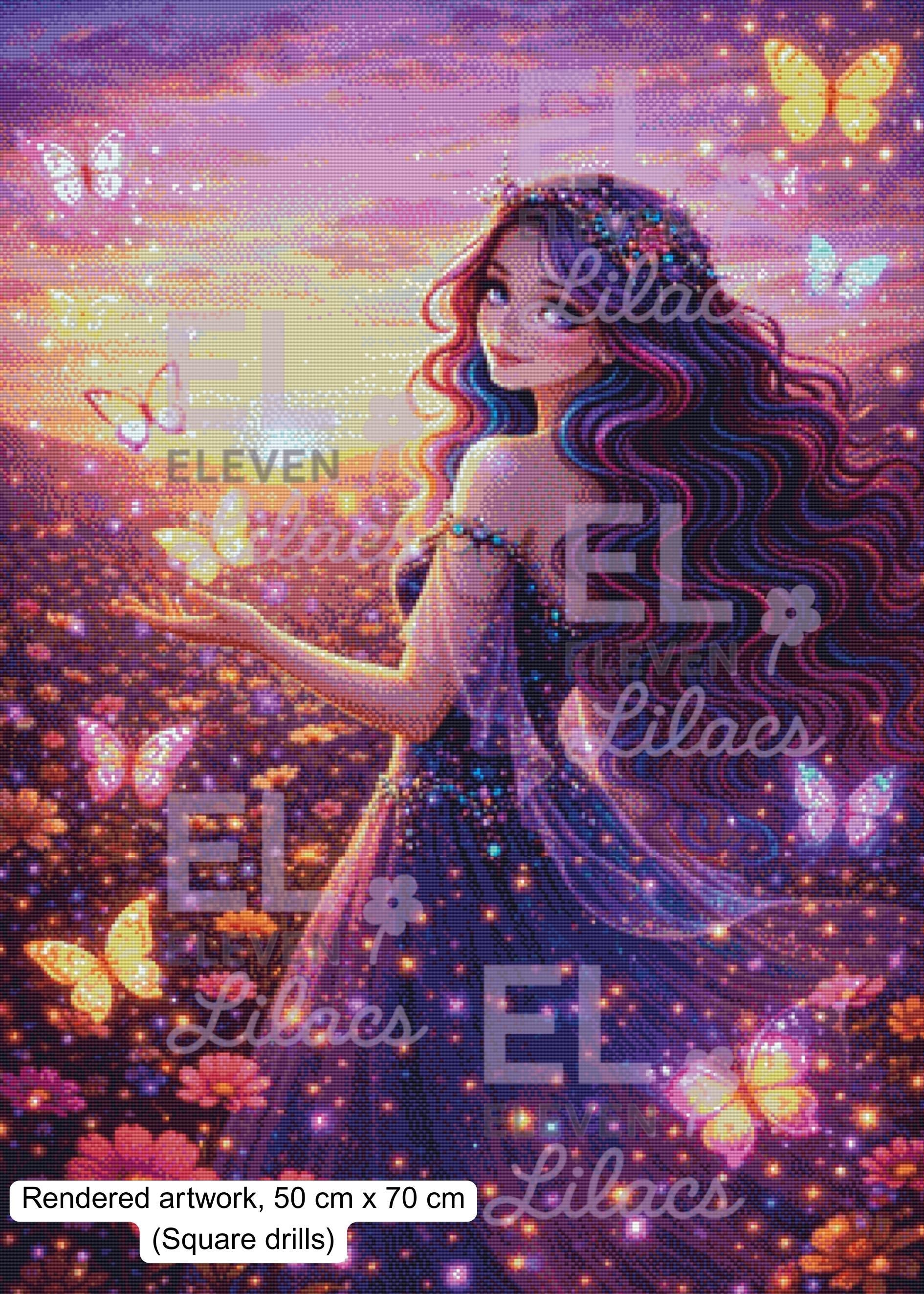 Celestine in the Meadow of Butterflies Diamond Painting Kit, Fantasy, Butterfly Princess Diamond Art - Eleven Lilacs