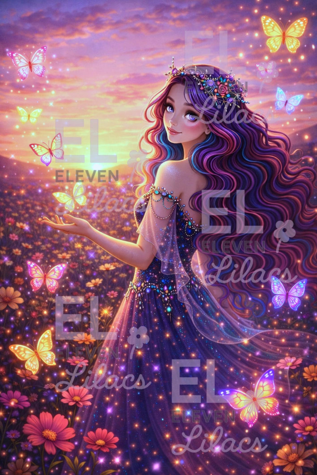 Celestine in the Meadow of Butterflies Diamond Painting Kit, Fantasy, Butterfly Princess Diamond Art - Eleven Lilacs