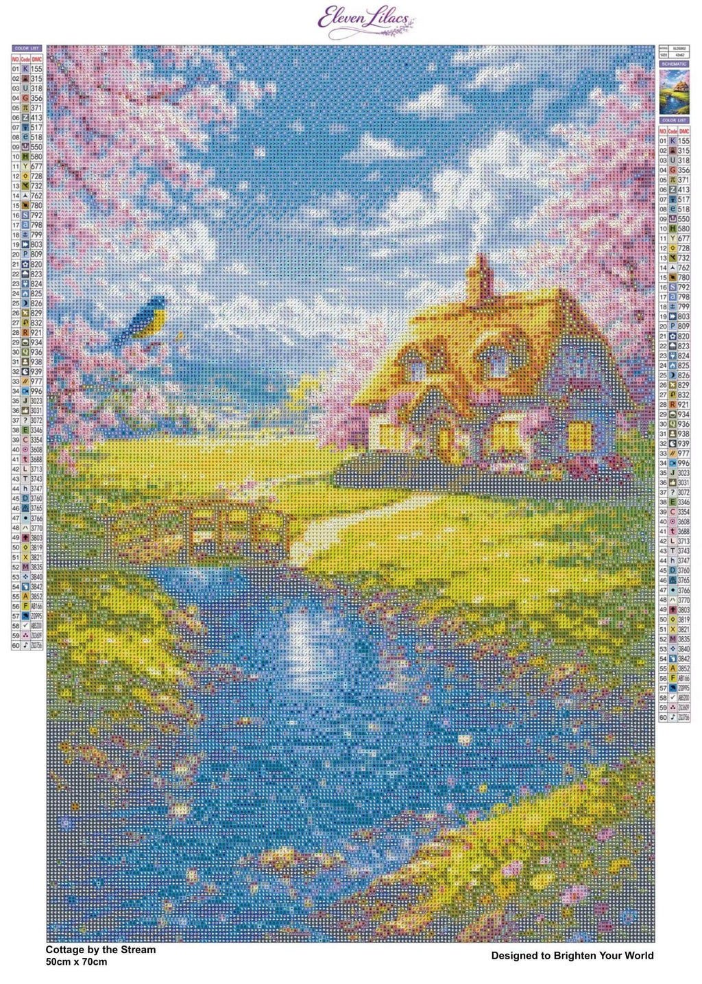 Cottage by the Stream Diamond Painting Kit, Spring Cottage Landscape Art - Eleven Lilacs