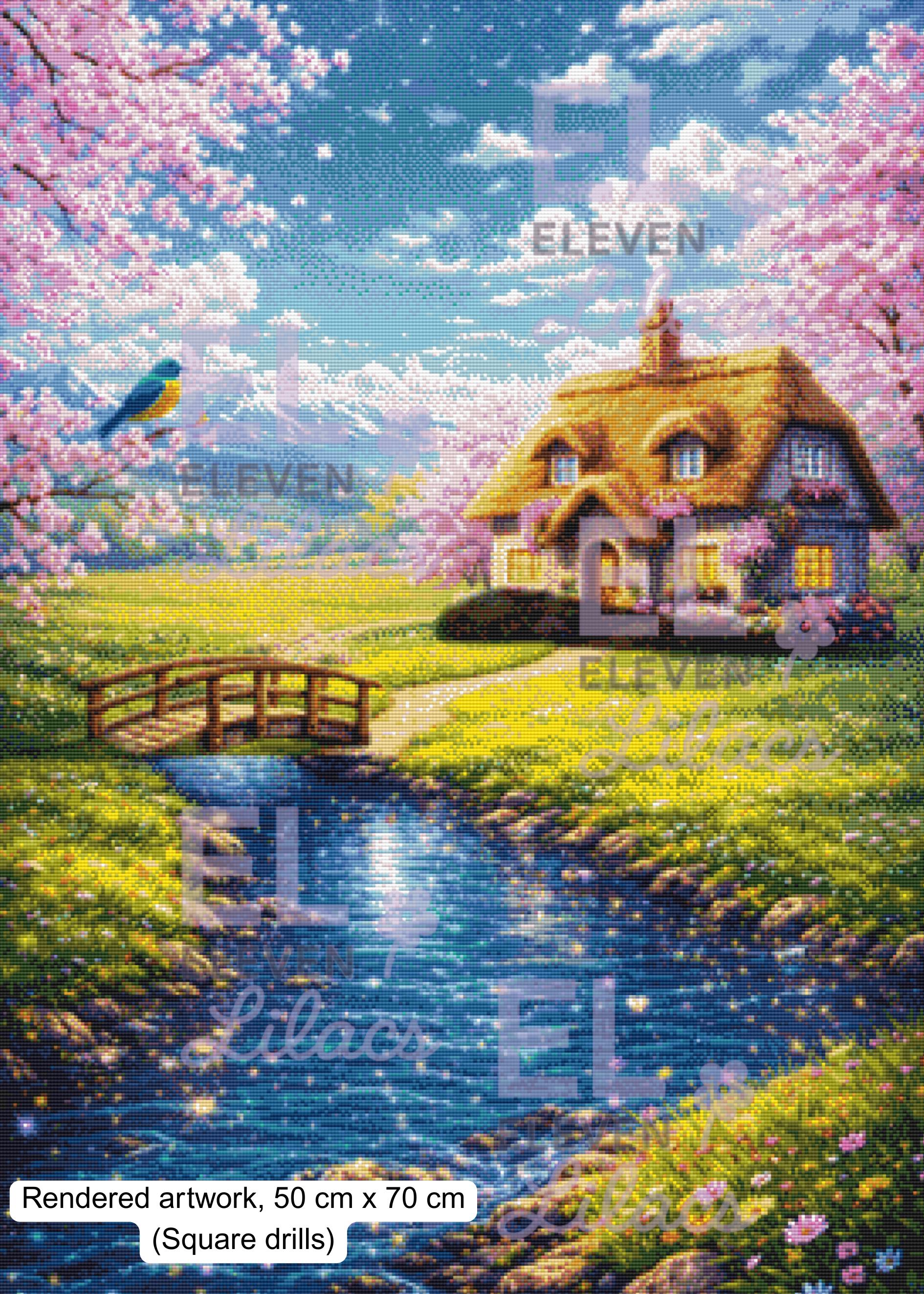 Cottage by the Stream Diamond Painting Kit, Spring Cottage Landscape Art - Eleven Lilacs