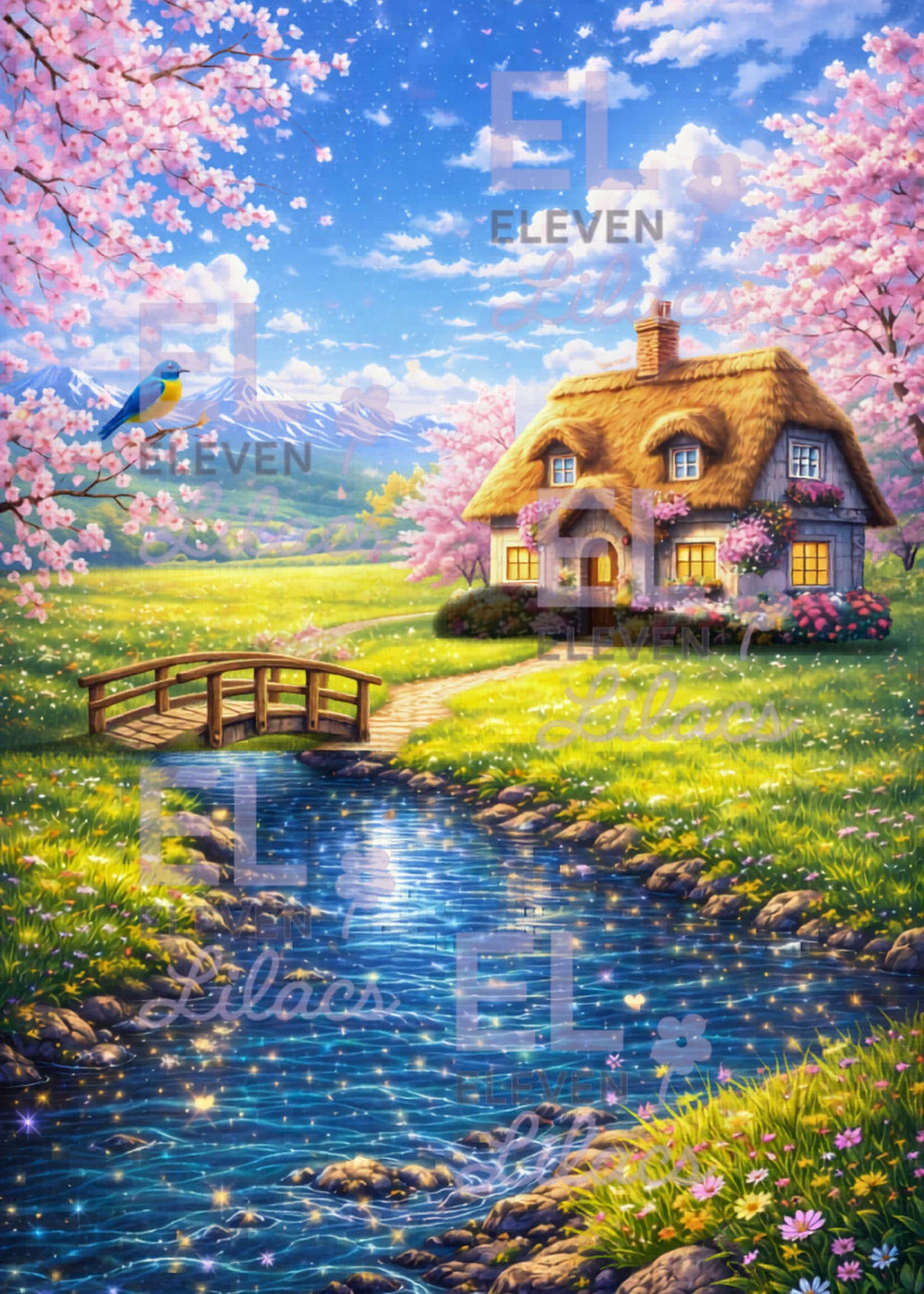 Cottage by the Stream Diamond Painting Kit, Spring Cottage Landscape Art - Eleven Lilacs
