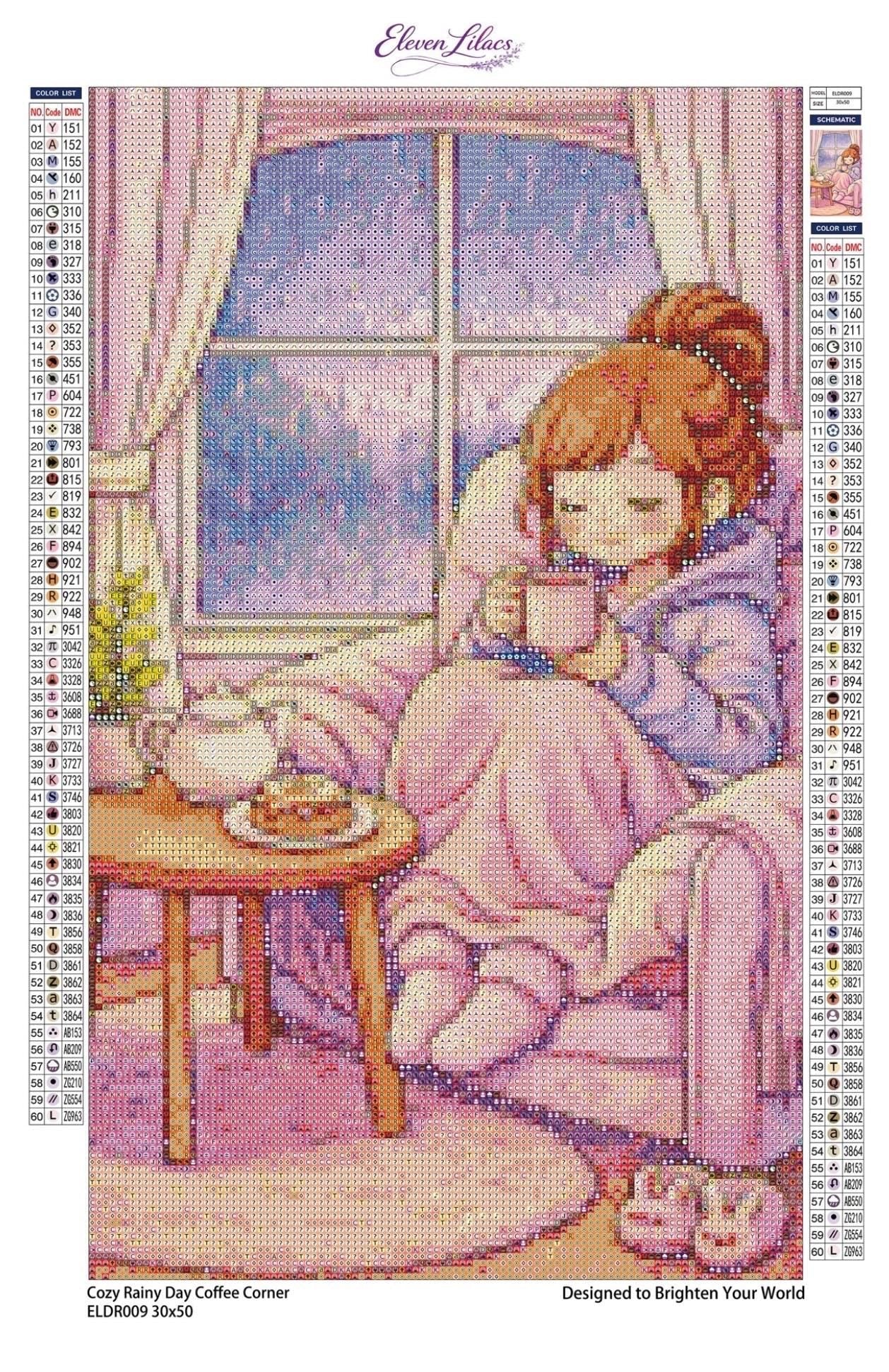 Cozy Rainy Day Coffee Corner Diamond Painting Kit, Window Diamond Art (30cm x 50cm) - Eleven Lilacs