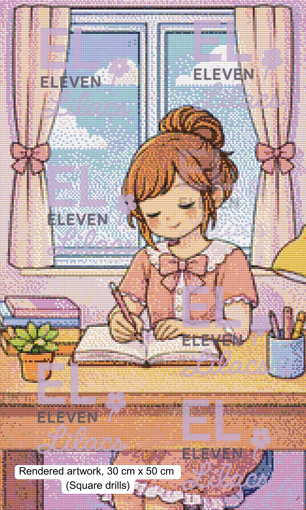 Cozy Writing Girl Diamond Painting Kit, Pastel Art, Relaxing Study Time (30cm x 50cm) - Eleven Lilacs