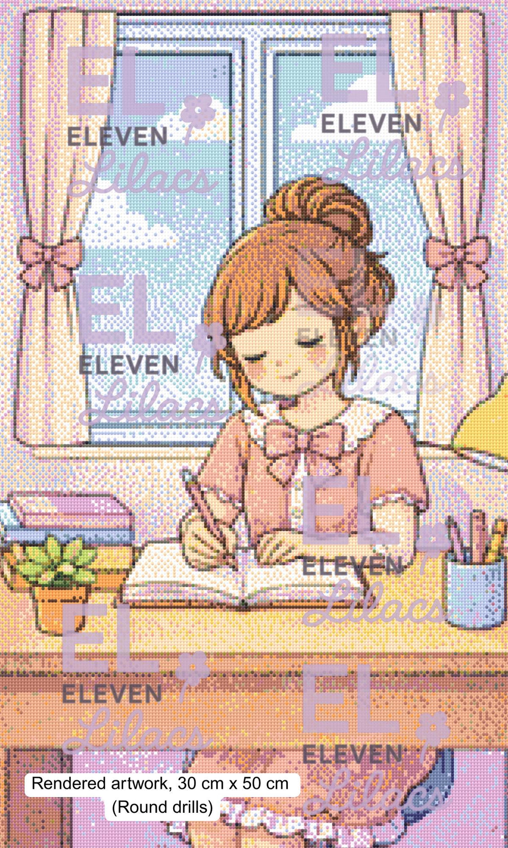 Cozy Writing Girl Diamond Painting Kit, Pastel Art, Relaxing Study Time (30cm x 50cm) - Eleven Lilacs