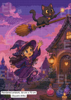 Flying Trouble, Cat and Witch Diamond Painting, Fantasy Moonlight Diamond Art