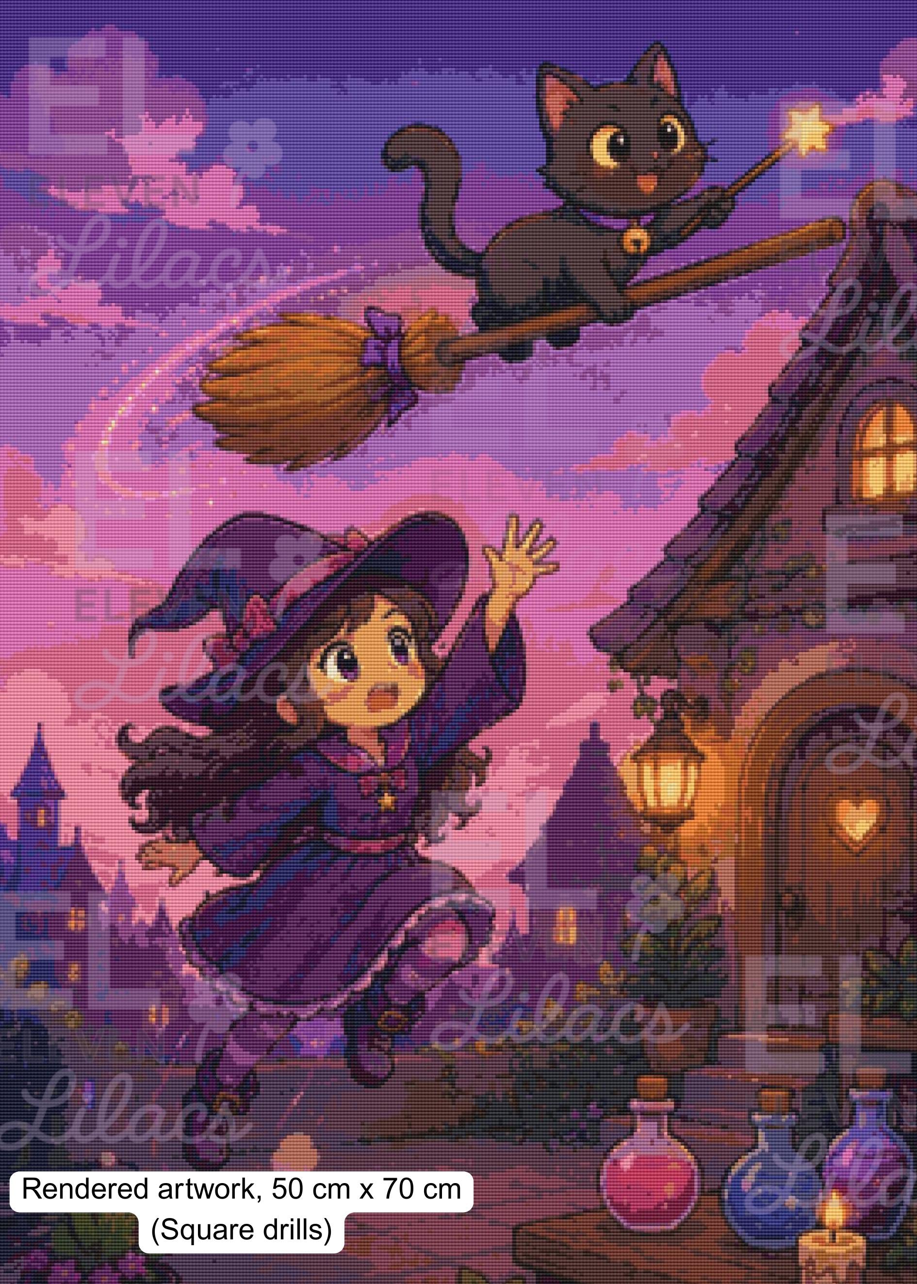 Flying Trouble, Cat and Witch Diamond Painting, Fantasy Moonlight Diamond Art