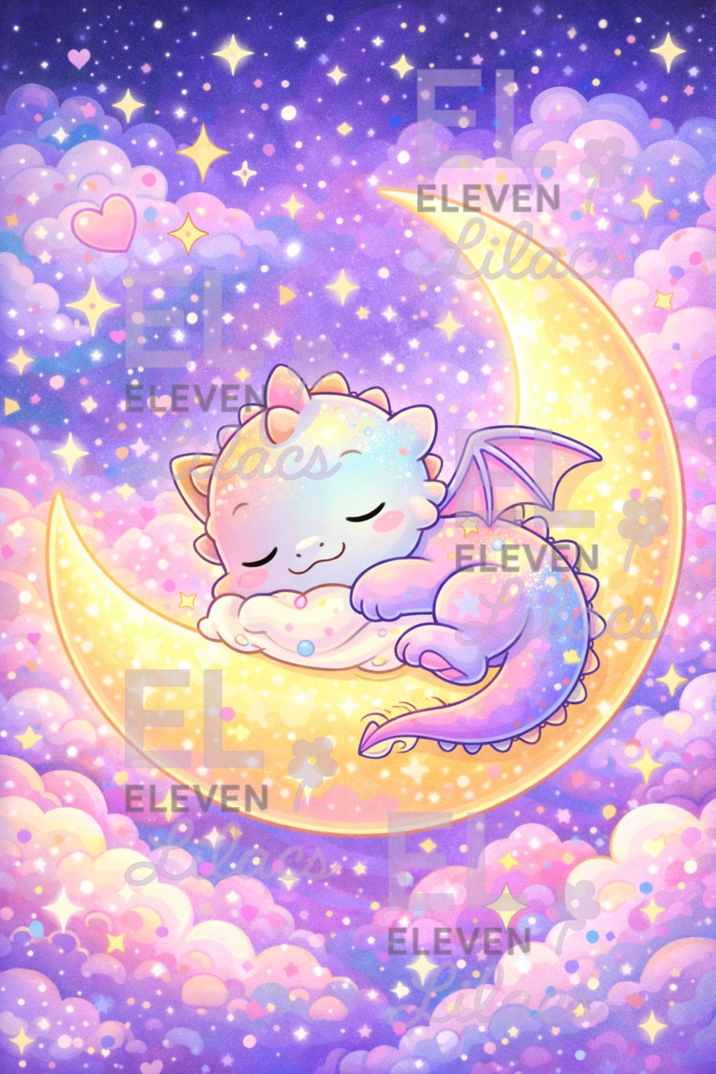 Dreamy Moon Dragon Diamond Painting Kit, Sleeping Baby Dragon, Kawaii Fantasy Art - Eleven Lilacs