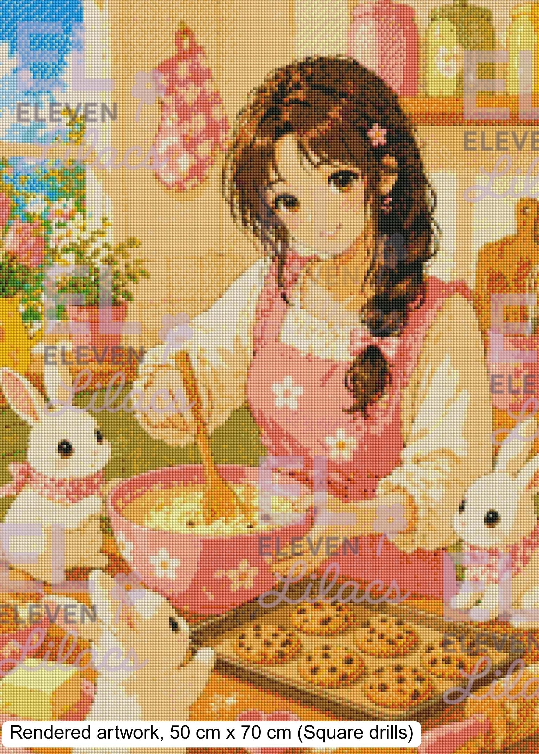 Elara Baking Day Diamond Painting Kit, Girl, Bunnies, Cozy Kitchen Diamond Art - Eleven Lilacs