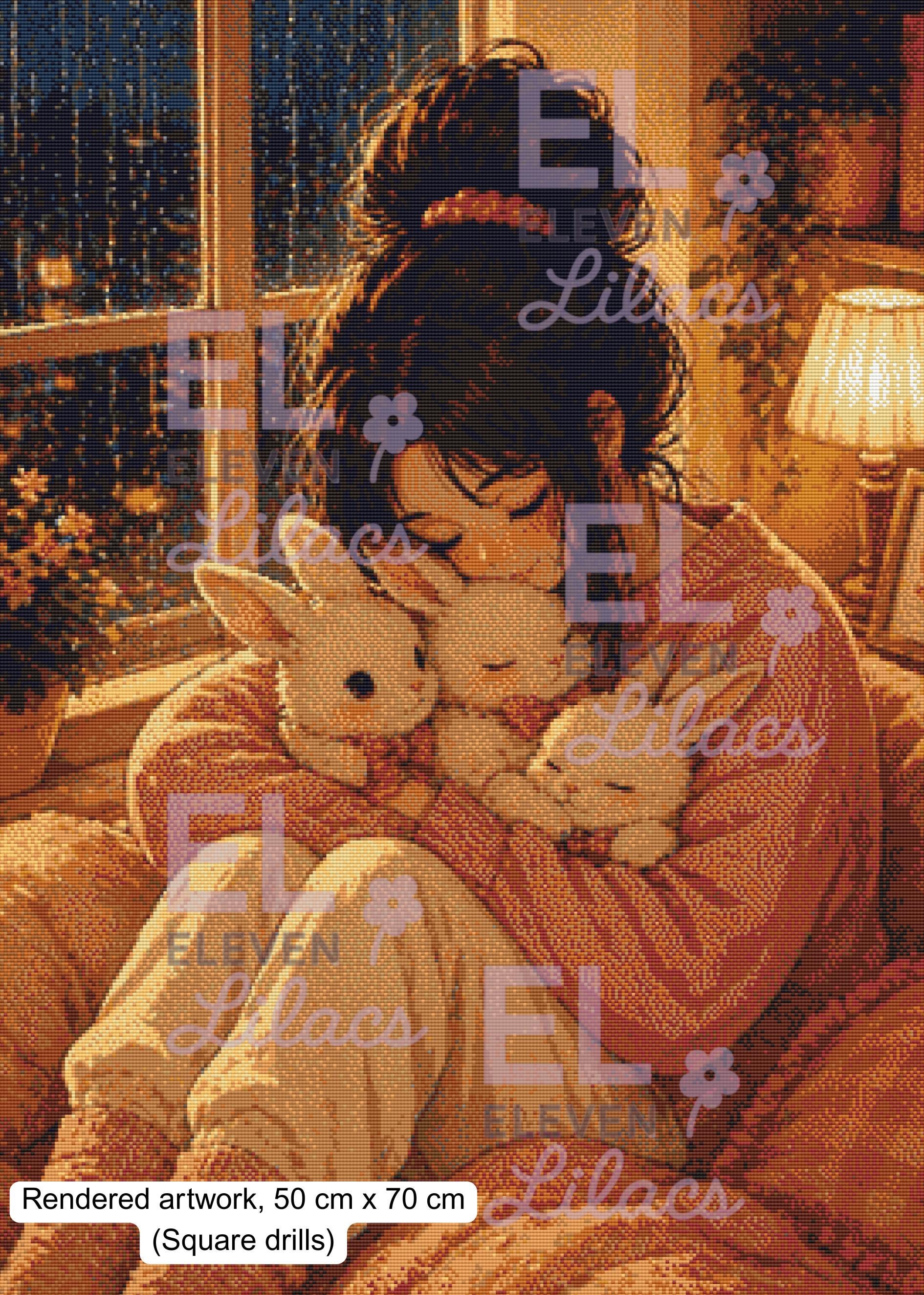Elara Hugging Bunnies Diamond Painting Kit, Cozy Rainy Night - Eleven Lilacs