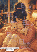 Elara Hugging Bunnies Diamond Painting Kit, Cozy Rainy Night - Eleven Lilacs