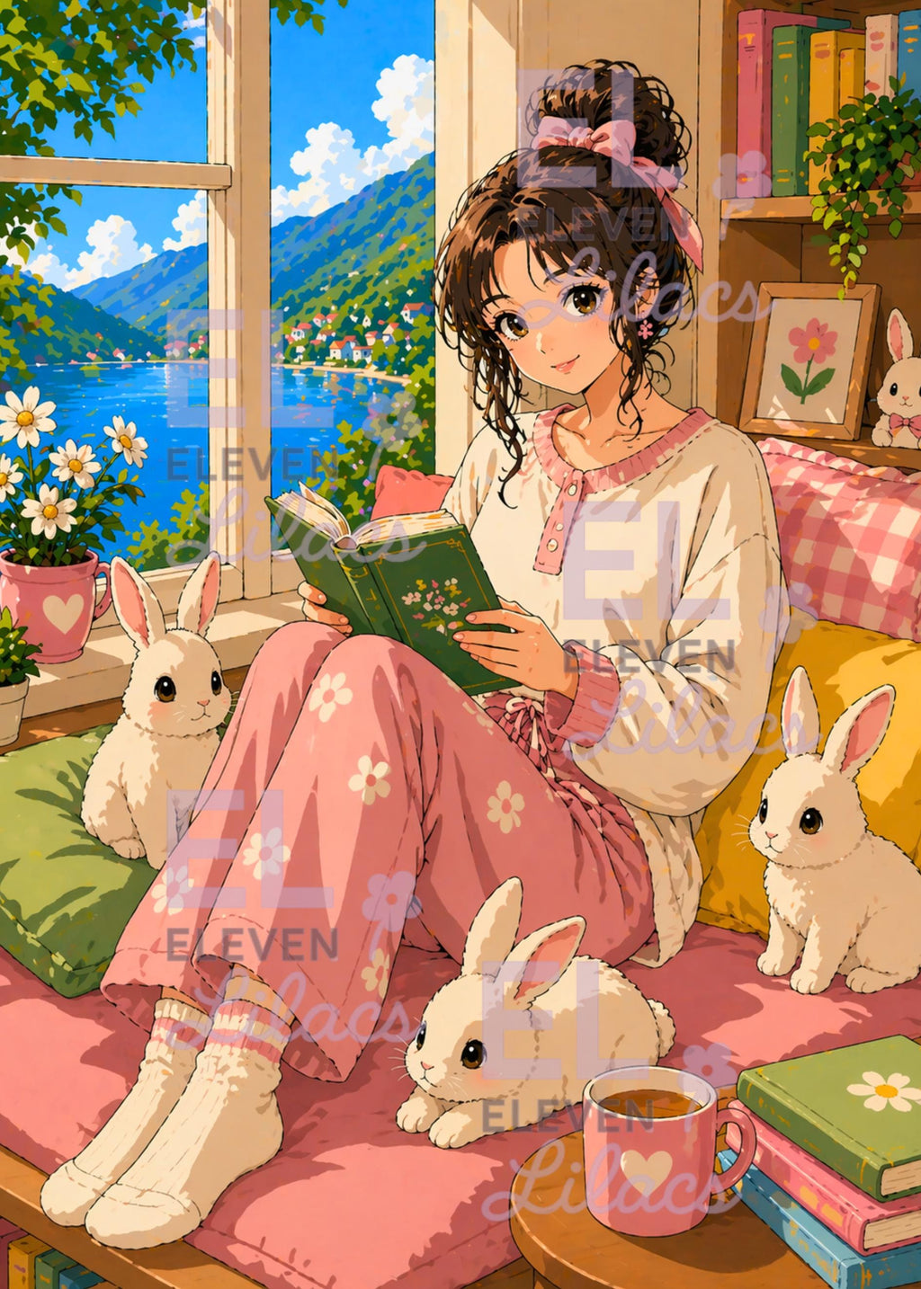 Elara Reading Nook Diamond Painting Kit, Girl with Bunnies, Cottagecore Art - Eleven Lilacs