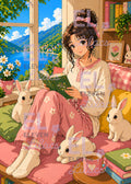 Elara Reading Nook Diamond Painting Kit, Girl with Bunnies, Cottagecore Art - Eleven Lilacs