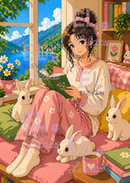 Elara Reading Nook Diamond Painting Kit, Girl with Bunnies, Cottagecore Art - Eleven Lilacs