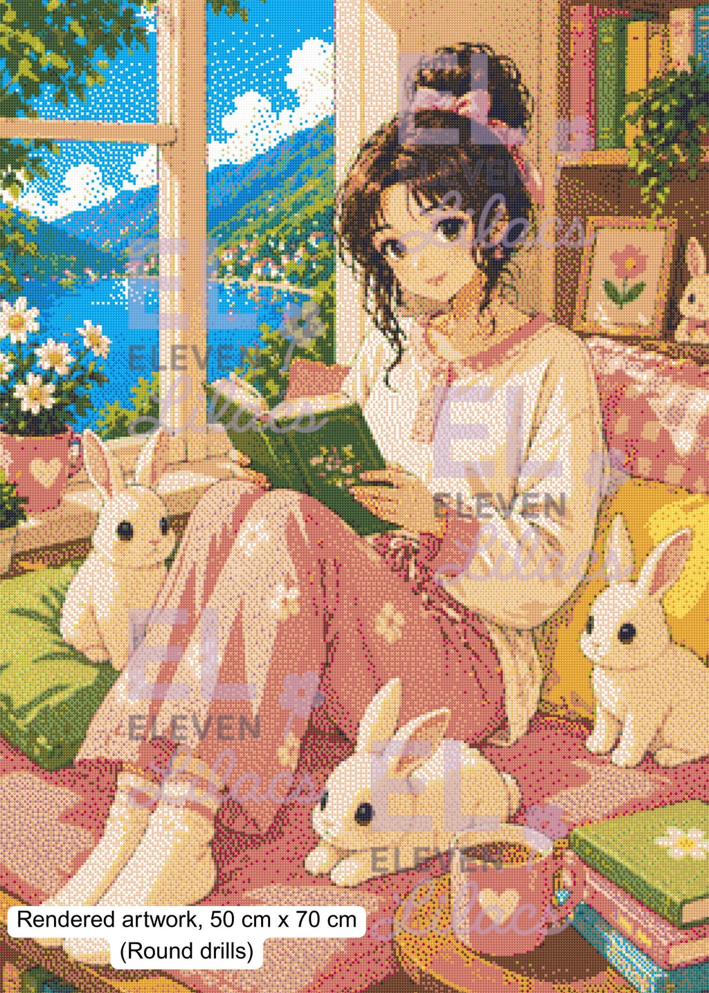 Elara Reading Nook Diamond Painting Kit, Girl with Bunnies, Cottagecore Art - Eleven Lilacs