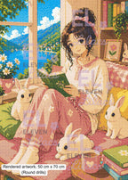 Elara Reading Nook Diamond Painting Kit, Girl with Bunnies, Cottagecore Art - Eleven Lilacs
