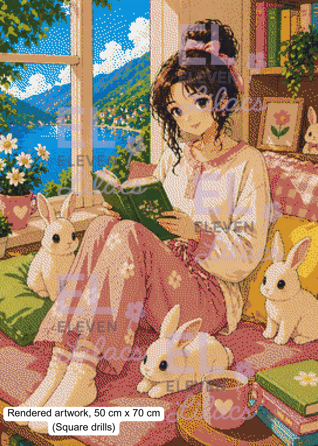 Elara Reading Nook Diamond Painting Kit, Girl with Bunnies, Cottagecore Art - Eleven Lilacs