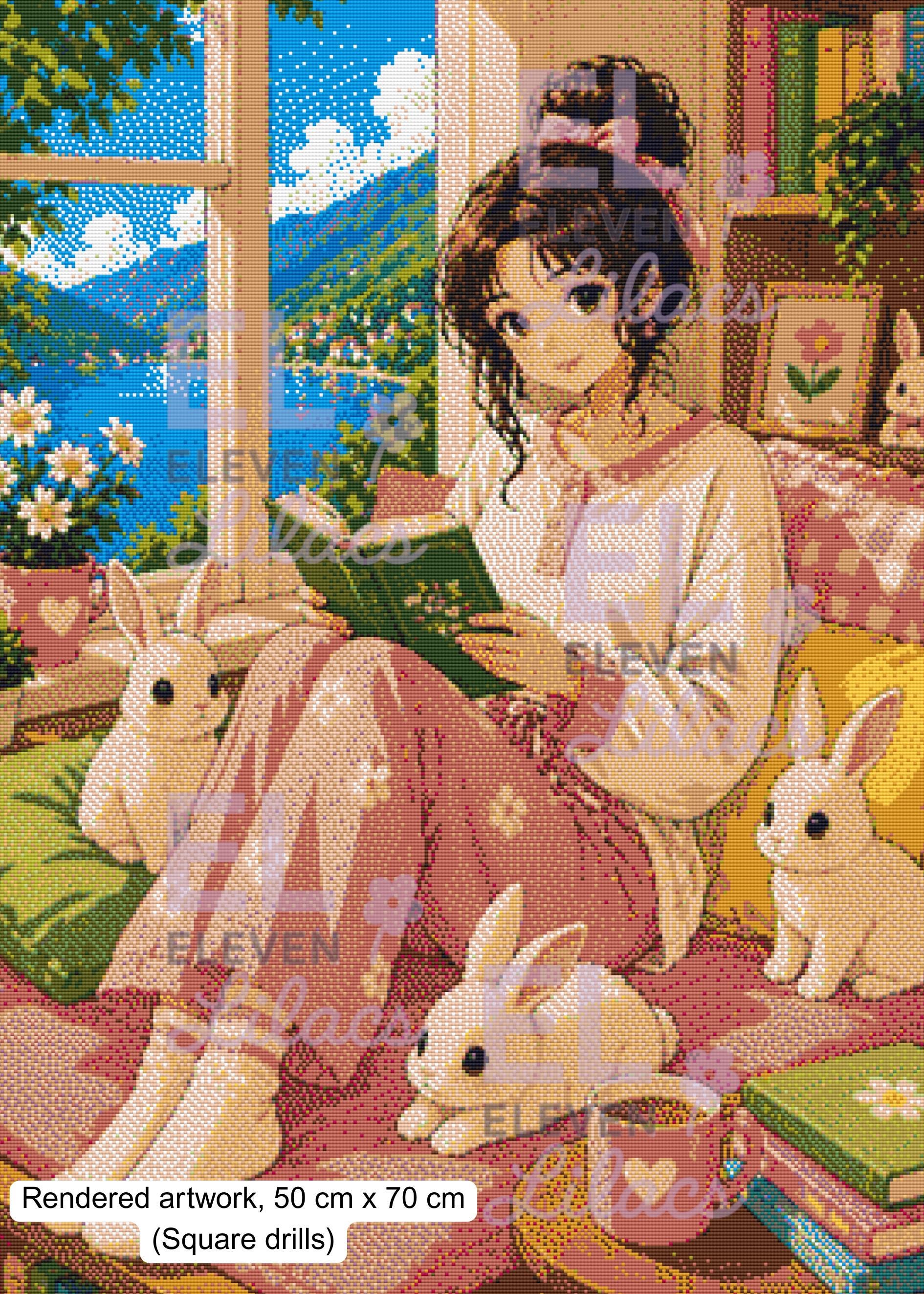 Elara Reading Nook Diamond Painting Kit, Girl with Bunnies, Cottagecore Art - Eleven Lilacs