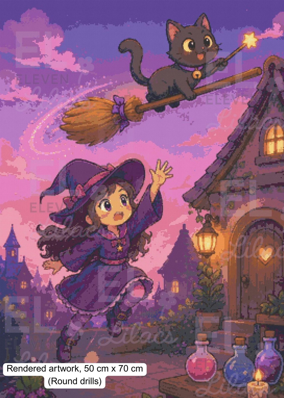 Flying Trouble, Cat and Witch Diamond Painting, Fantasy Moonlight Diamond Art - Eleven Lilacs