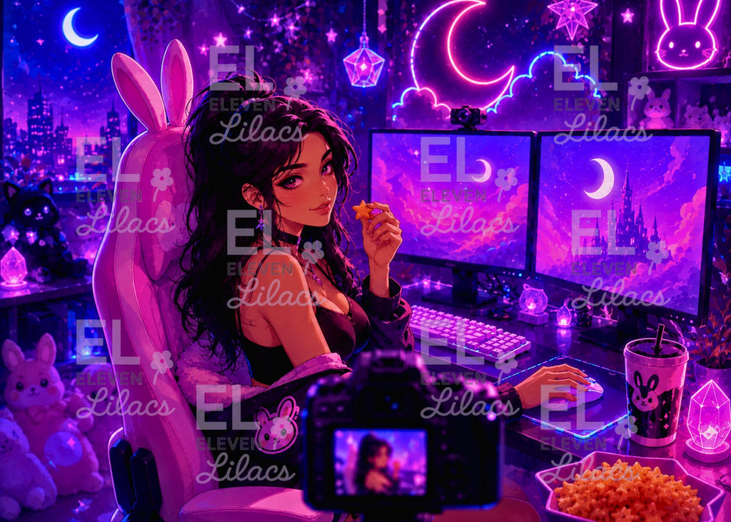 Gamer Girl Diamond Painting Kit, Neon Anime Gaming Room Art - Eleven Lilacs