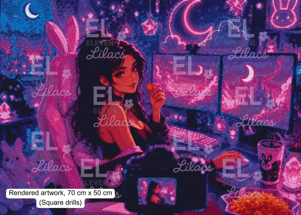Gamer Girl Diamond Painting Kit, Neon Anime Gaming Room Art - Eleven Lilacs
