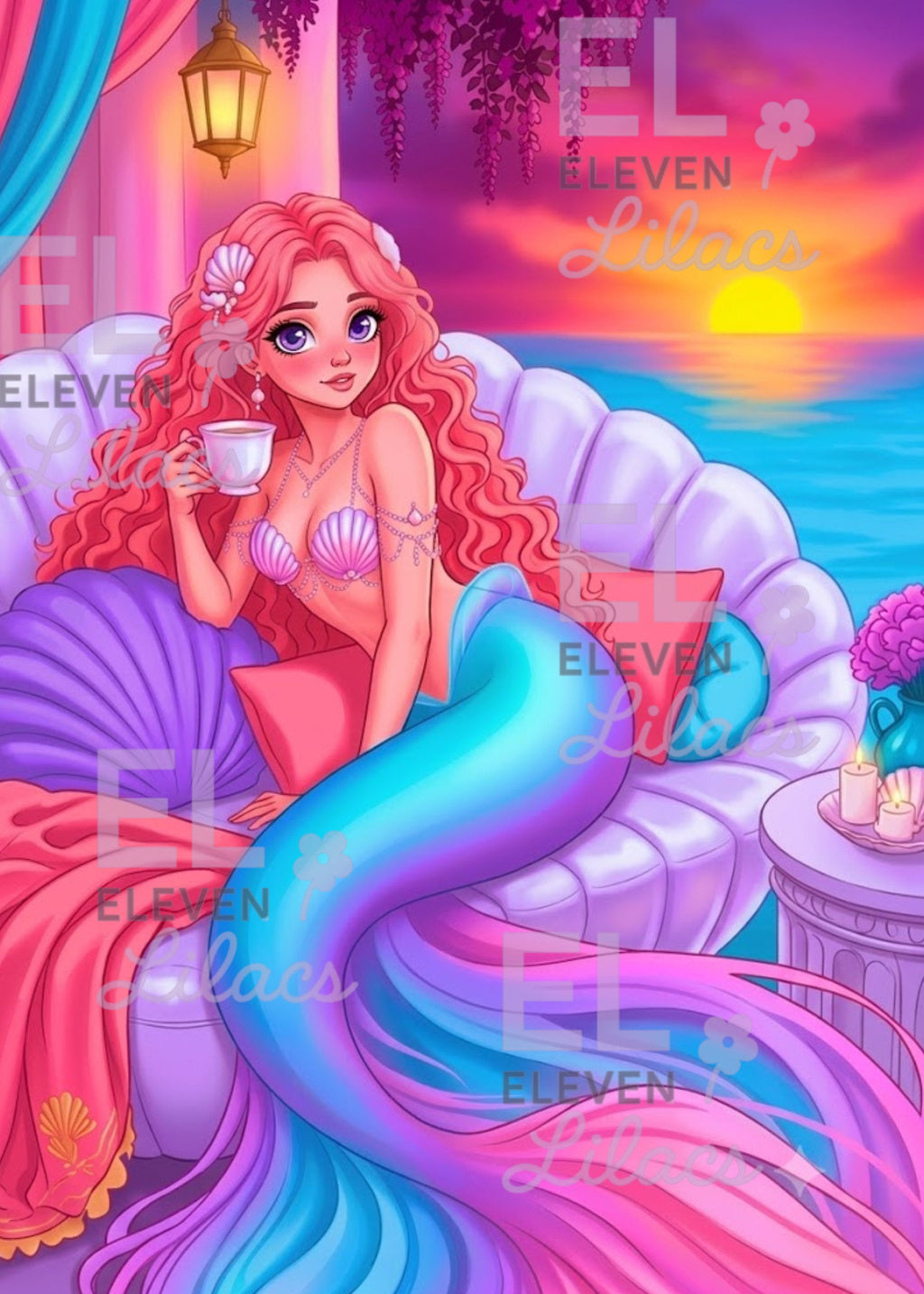 Mermaid Diamond Painting Kit, Pink Ocean Sunset Art - Eleven Lilacs