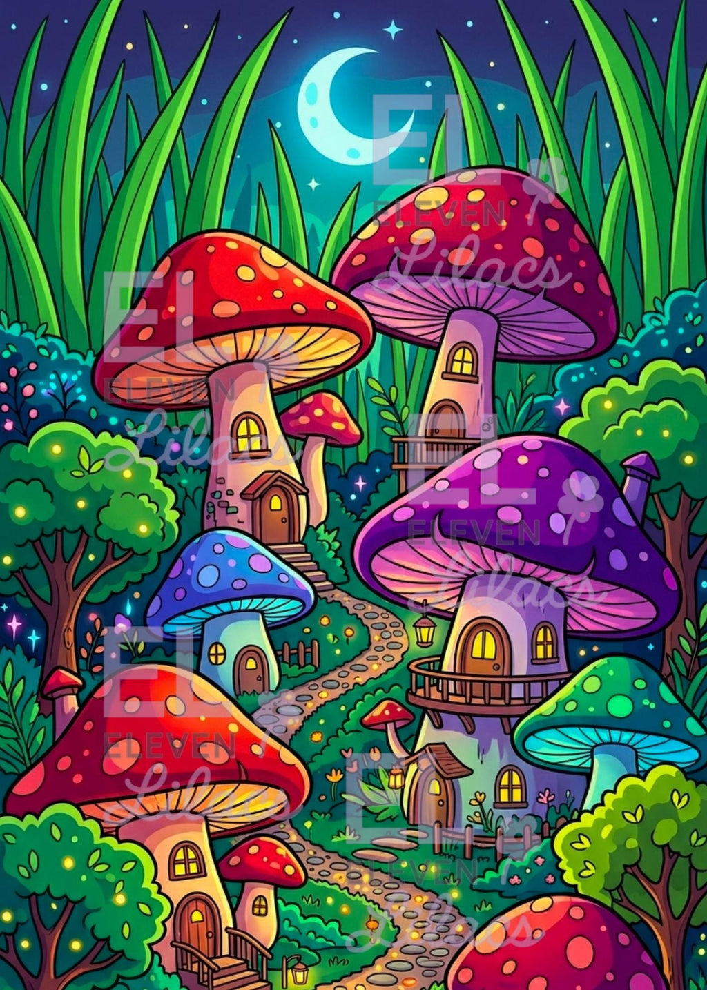 Mushroom Village Diamond Painting Kit, Fantasy Cottagecore Forest Art - Eleven Lilacs