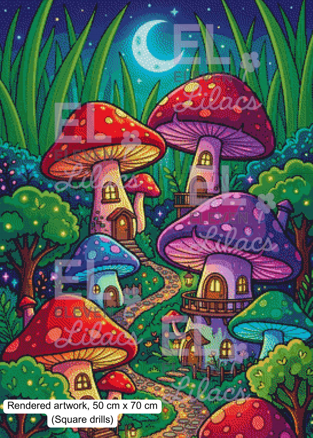 Mushroom Village Diamond Painting Kit, Fantasy Cottagecore Forest Art - Eleven Lilacs